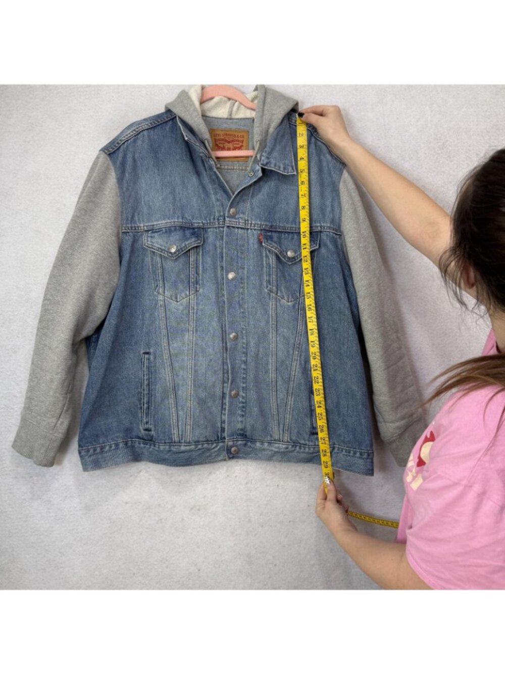 Levi's Jacket Mens 2XL Blue Denim Hooded Varsity Gray Sleeves Lined Fleece - Picture 5 of 12